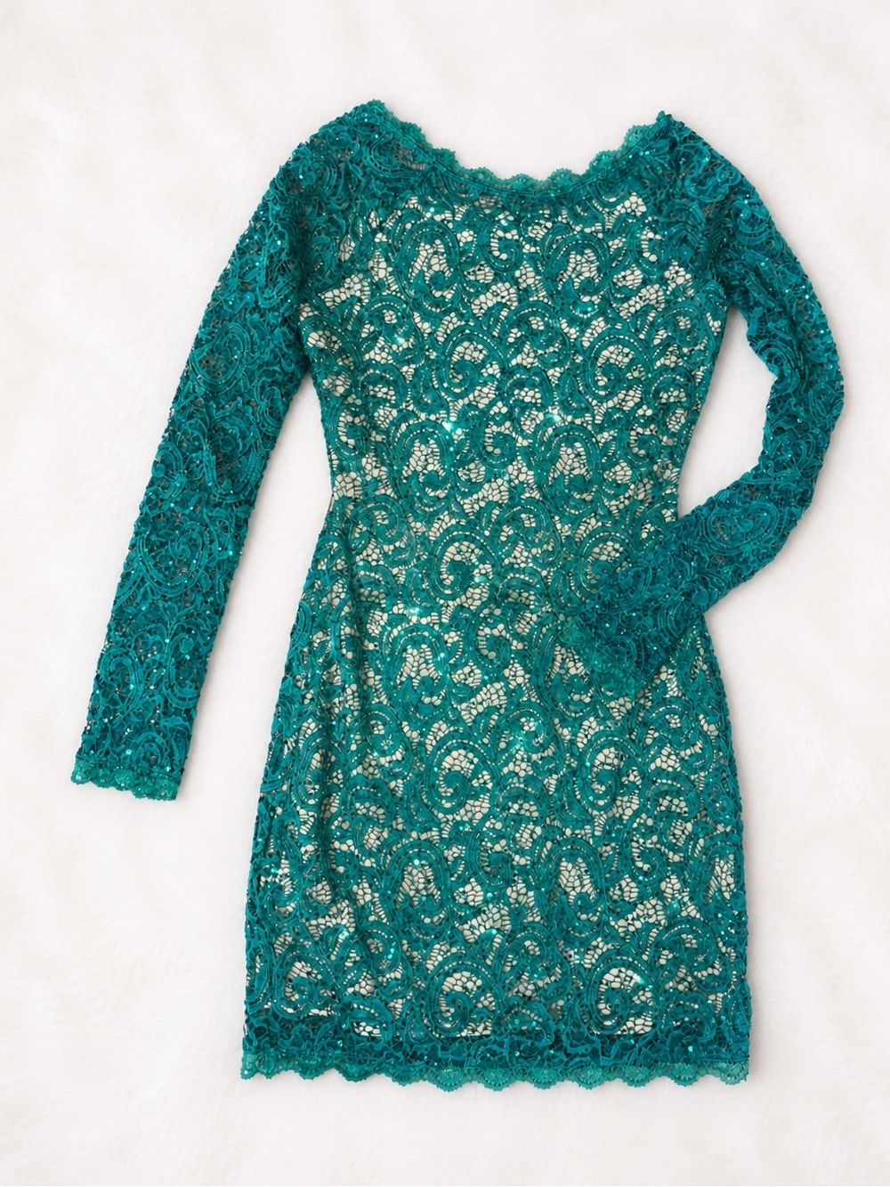 Sequin Hearts Emerald Green Lace Bodycon Dress Medium | Long Sleeve Cocktail - Picture 2 of 4